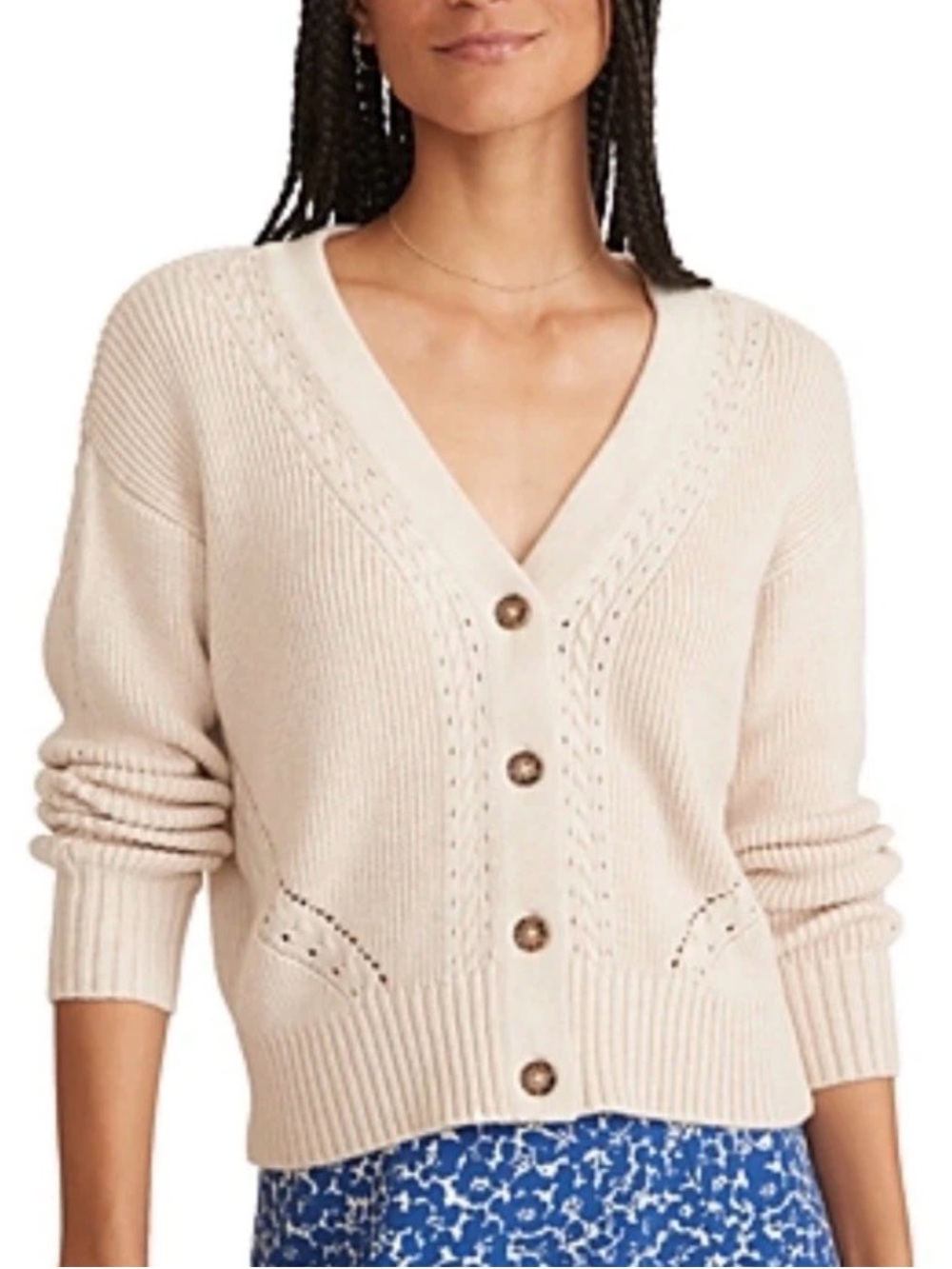 Marine Layer Robin Cropped Sweater in Oatmeal. Cotton Merino blend cardigan.